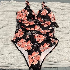NWT. XXL black/peach floral one piece bathing suit. Fits Size 18.